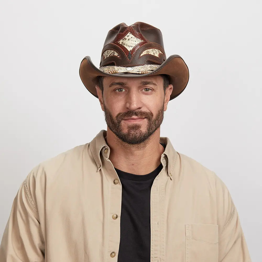 Man with light stubble wearing a Brown Storm Cowboy Hat