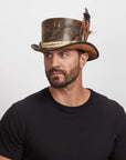 Wiccan | Mens Distressed Leather Top Hat with Skull Bone Hat Band