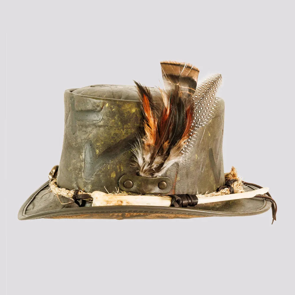 Wiccan Mens Distressed Leather Top Hat with Skull Bone Hat Band