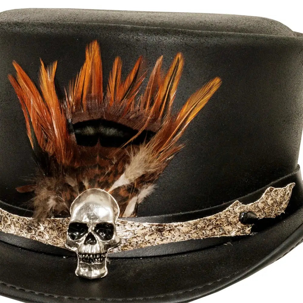 wrath black leather top hat close up view