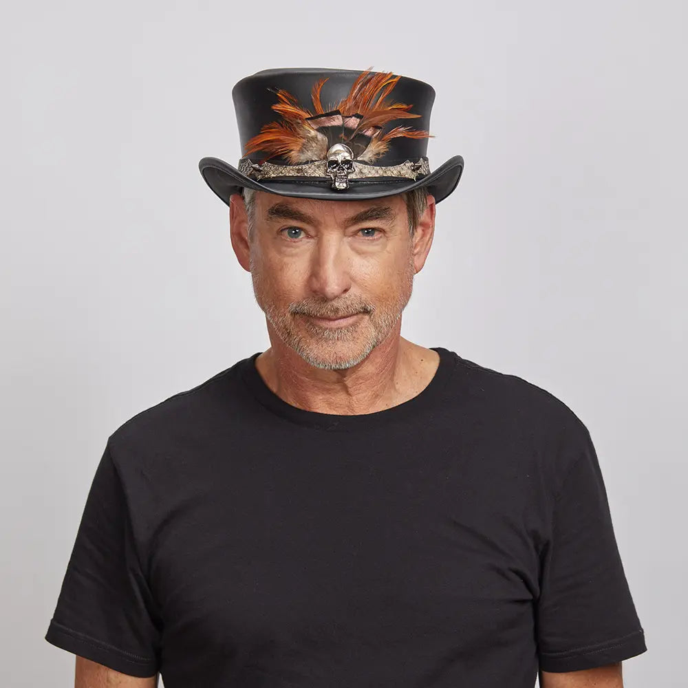 An old guy in a black shirt wearing the Wrath Black Top Hat