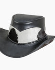 An angle view of a Pinto Black leather cowboy hat