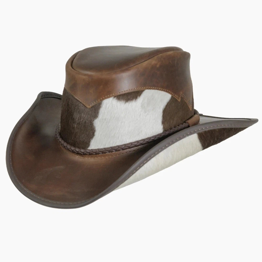 An angle view of a Pinto brown leather cowboy hat