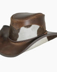 An angle view of a Pinto brown leather cowboy hat