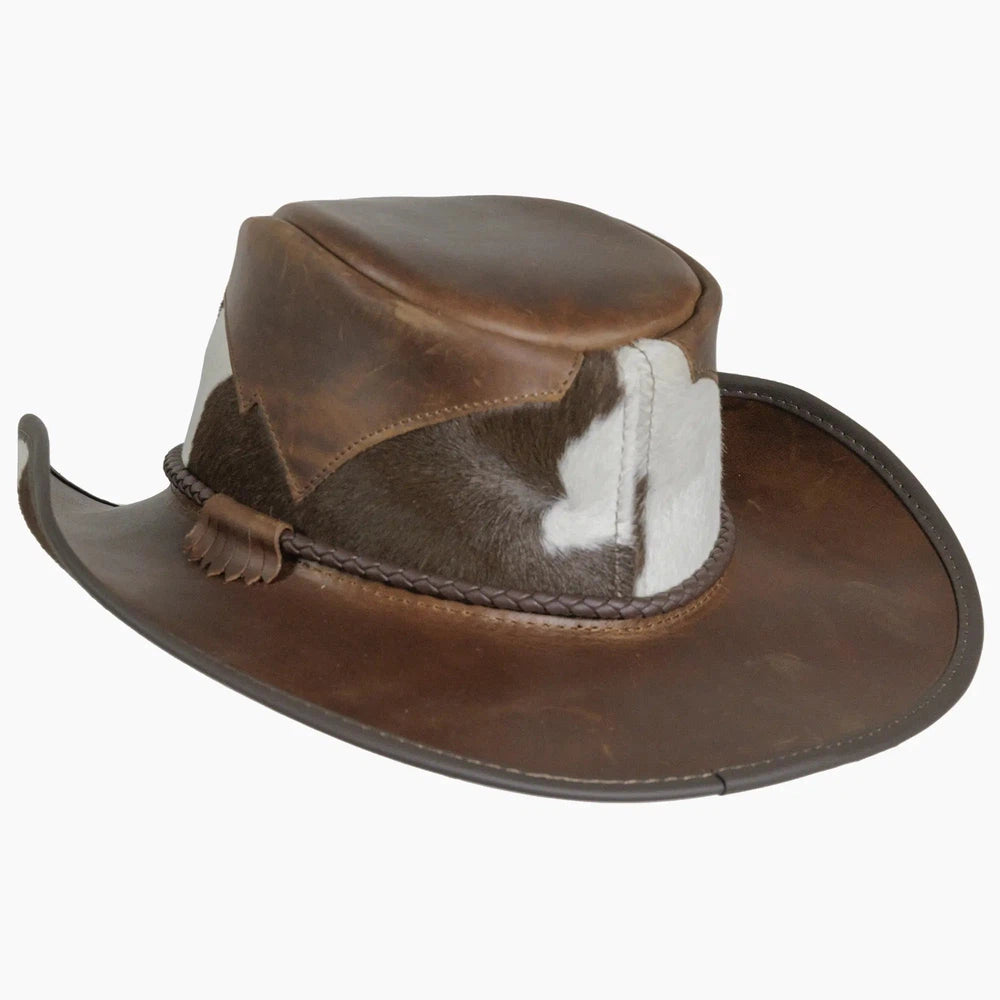 A rear view of a Pinto brown leather cowboy hat