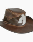 A rear view of a Pinto brown leather cowboy hat