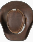 A top view of a Pinto brown leather cowboy hat