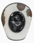 A bottom view of a Pinto brown leather cowboy hat