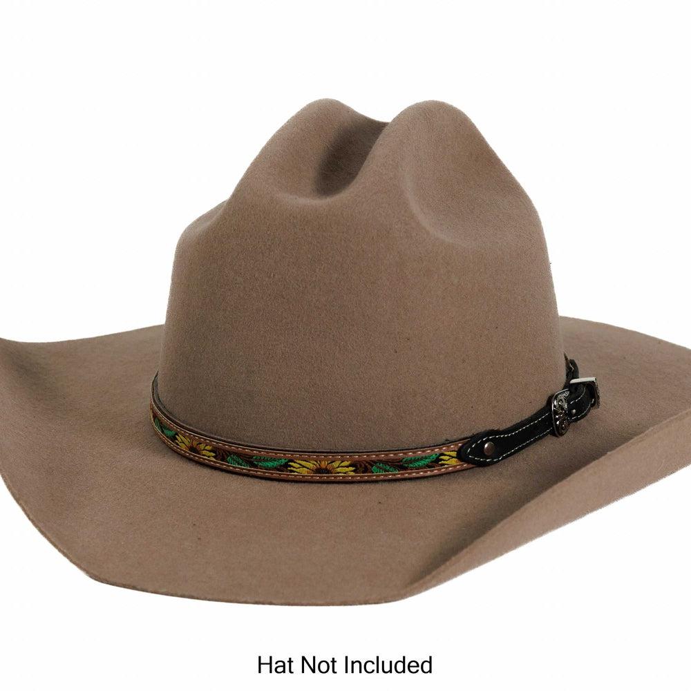Sunflower Stitch Leather Cowboy Hat Band on a Brown Felt Hat