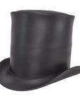 Unbanded Stove Piper Black Finished Top Hat by American Hat Makers angled view