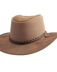 A right angled view of Breeze Bomber Brown Leather Mesh Sun Hat