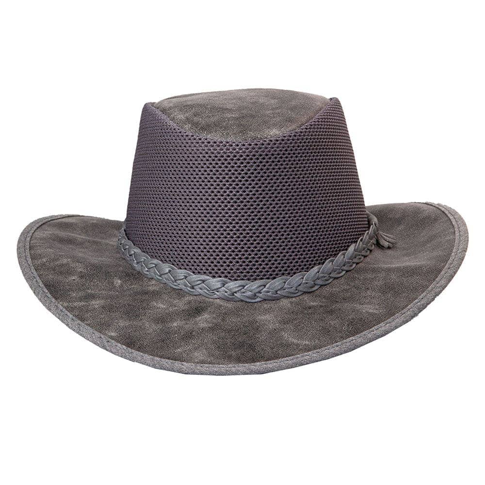 A front view of a Breeze Bomber Grey Leather Mesh Sun Hat