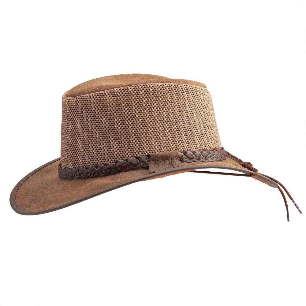 A side view of Breeze Bomber Brown Leather Mesh Sun Hat 