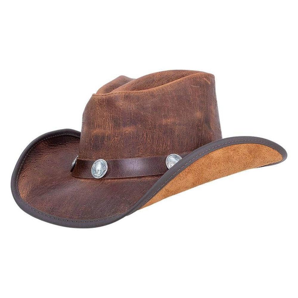 An angle view of a Leather Cowboy Hat with 3" Brim and 4" Crown