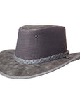 An angled side view of a Breeze Bomber Grey Leather Mesh Sun Hat