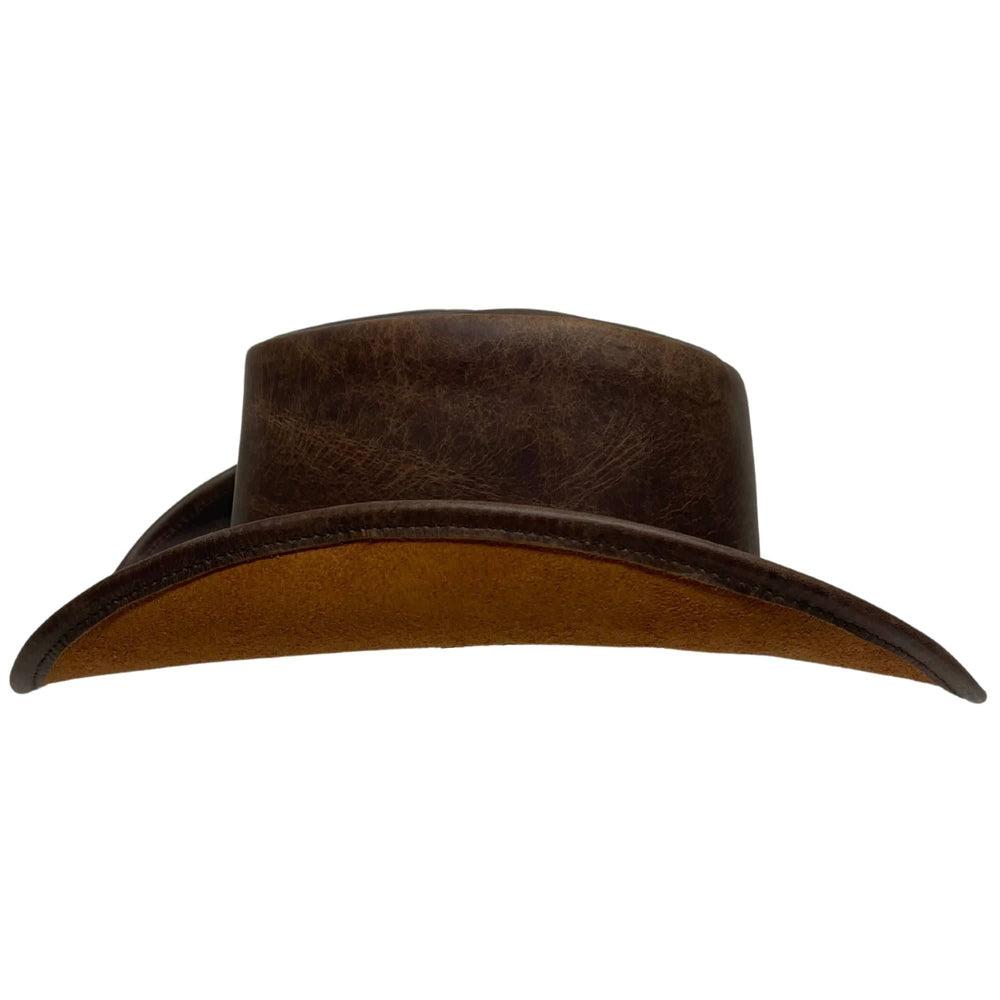 A side view of a Back Woods Brown Leather Outback Hat