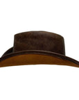 A side view of a Back Woods Brown Leather Outback Hat