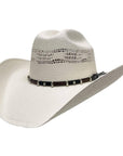 An angle view of a  Billings Cream Straw Cowboy Hat