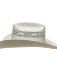 A side view of a Billings Cream Straw Cowboy Hat