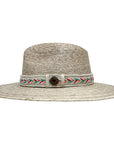 A Front view of a Bisbee Straw Hat with Colorful Hat Band by American Hat Makers