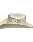 A side view of a Bozeman Cream Straw Cowboy Hat