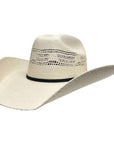 An angle view of a Bozeman Cream Straw Cowboy Hat 