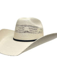 An angle view of a Bozeman Cream Straw Cowboy Hat