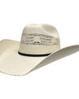 An angle view of a Bozeman Cream Straw Cowboy Hat