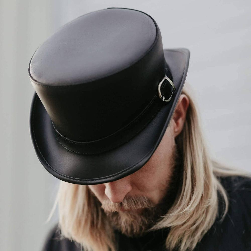 Bromley Black Leather Top Hat with a Carriage Band  by American Hat Makers