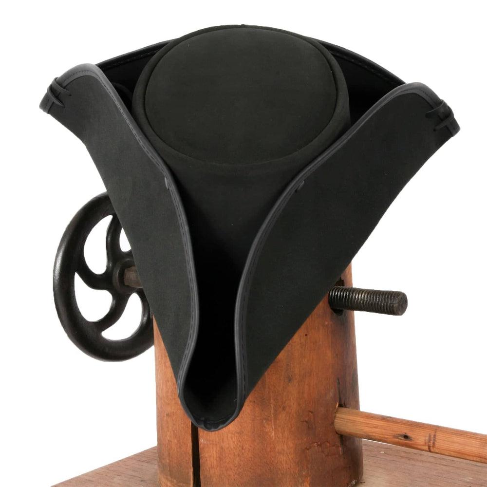 A Blackbeard Pirate Cowhide Leather Hat on a stand