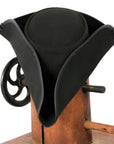 A Blackbeard Pirate Cowhide Leather Hat on a stand