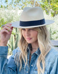 A woman wearing Panama Fedora in a side view