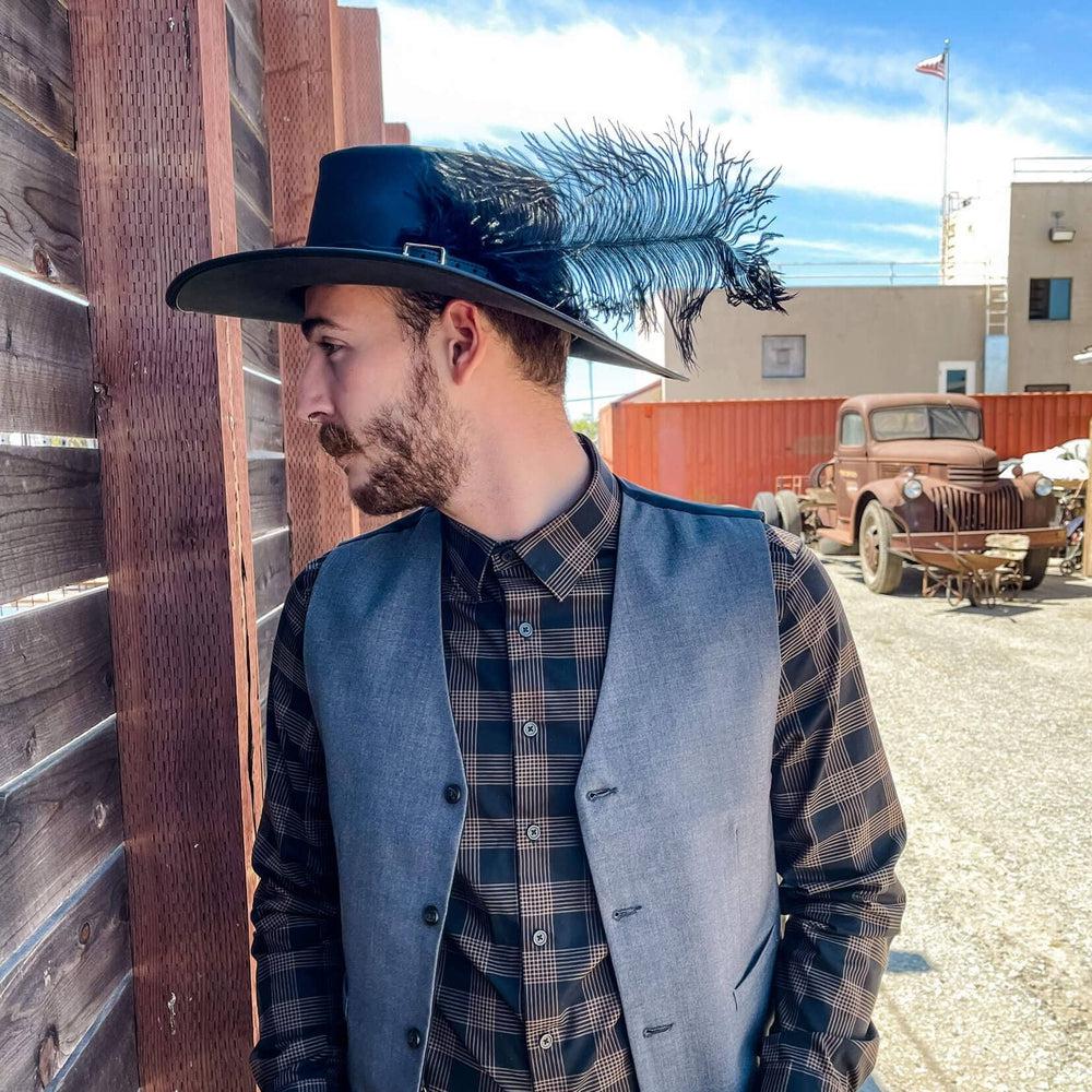 Cavalier Black Leather Hat with a Musket band by American Hat Makers