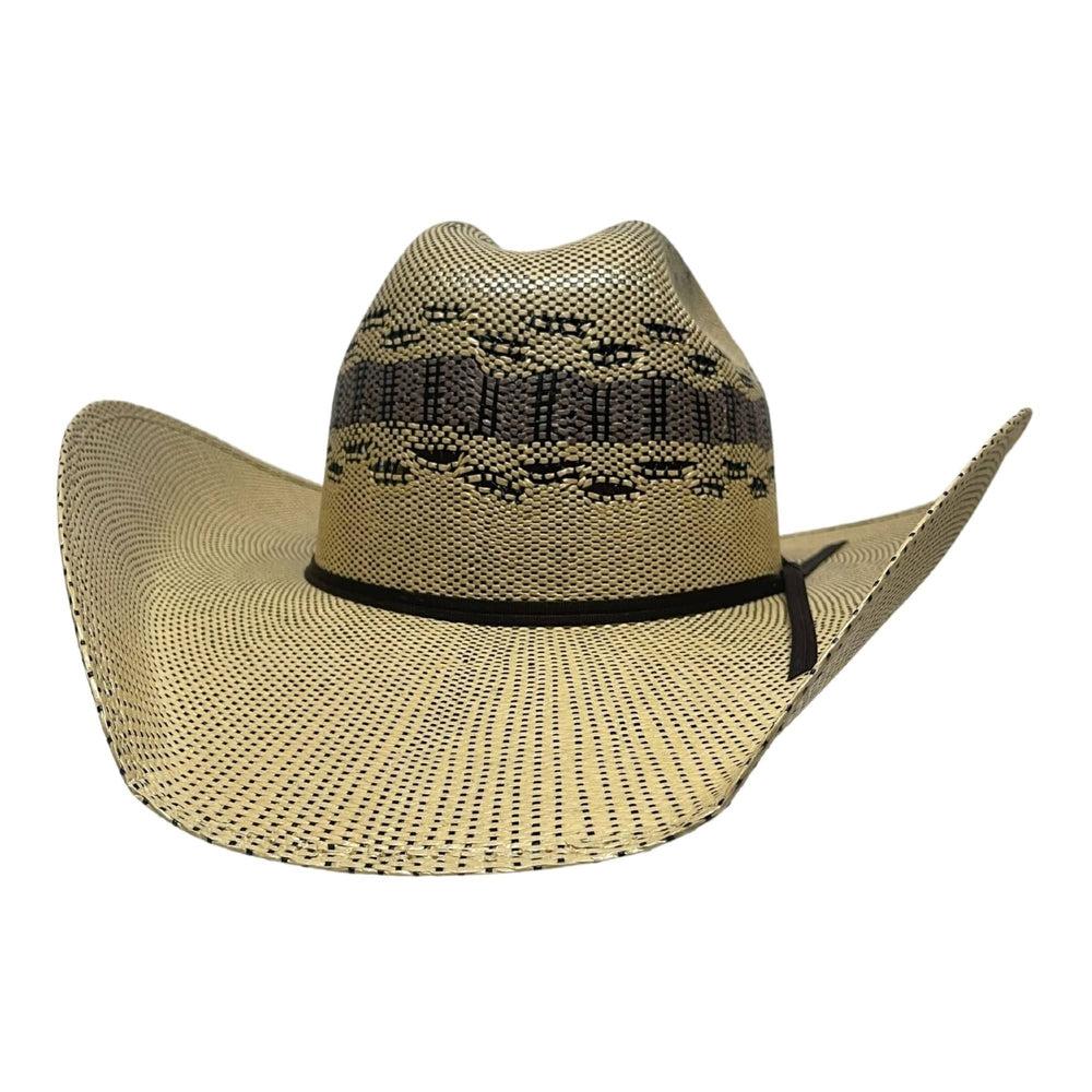 An angle view of a Cisco Yellowstone Wide Brim Straw Hat 