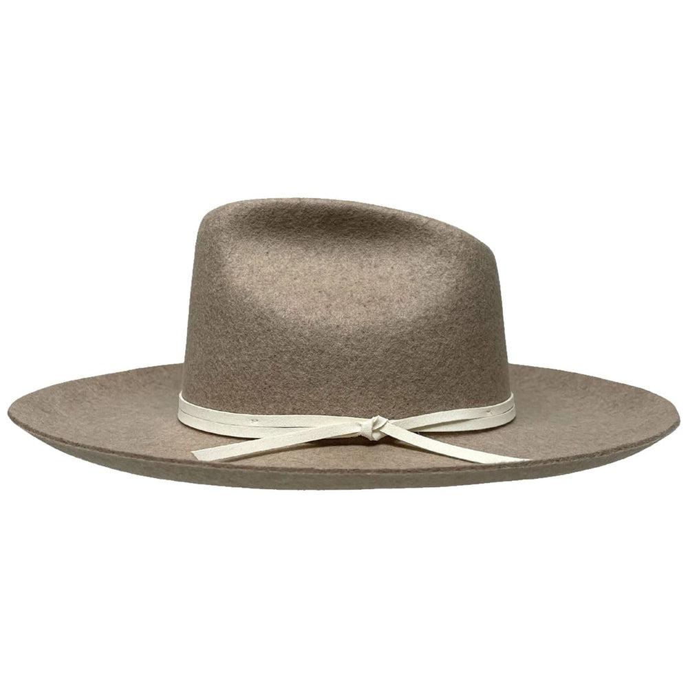 A side view of a Crescent Oatmeal Felt Wool Fedora Hat 