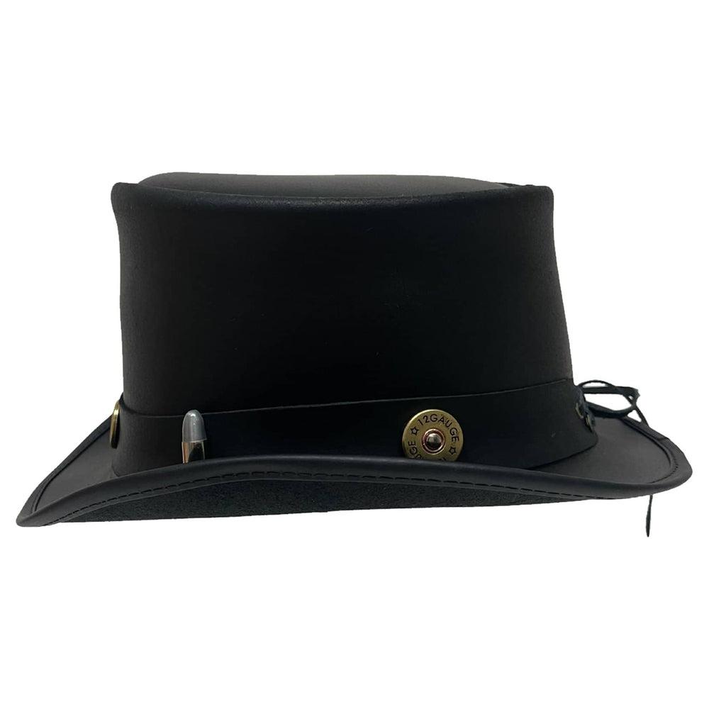 A side view of a El Dorado Black Leather Top Hat with a Bullet Band 