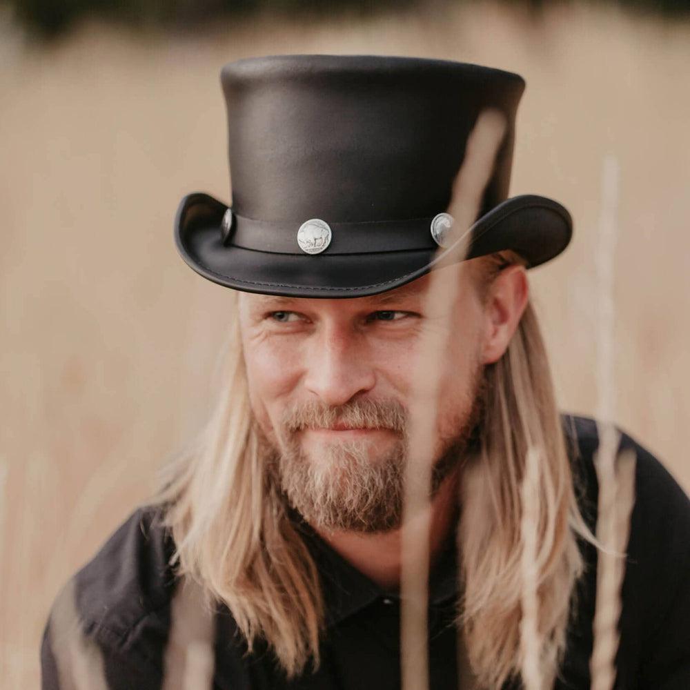 Mens Top Hat with Buffalo Metal Coins - Black Color - hot 100% Handmade with Cowhide Leather - New with Tags