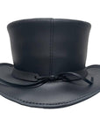 A back view of a El Dorado Black Leather Top Hat with Red Eye Skull Band