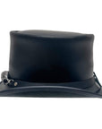 A side view of a El Dorado Black Leather Top Hat with Red Eye Skull Band