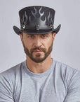 A man wearing Flames Black Mesh Leather Top Hat