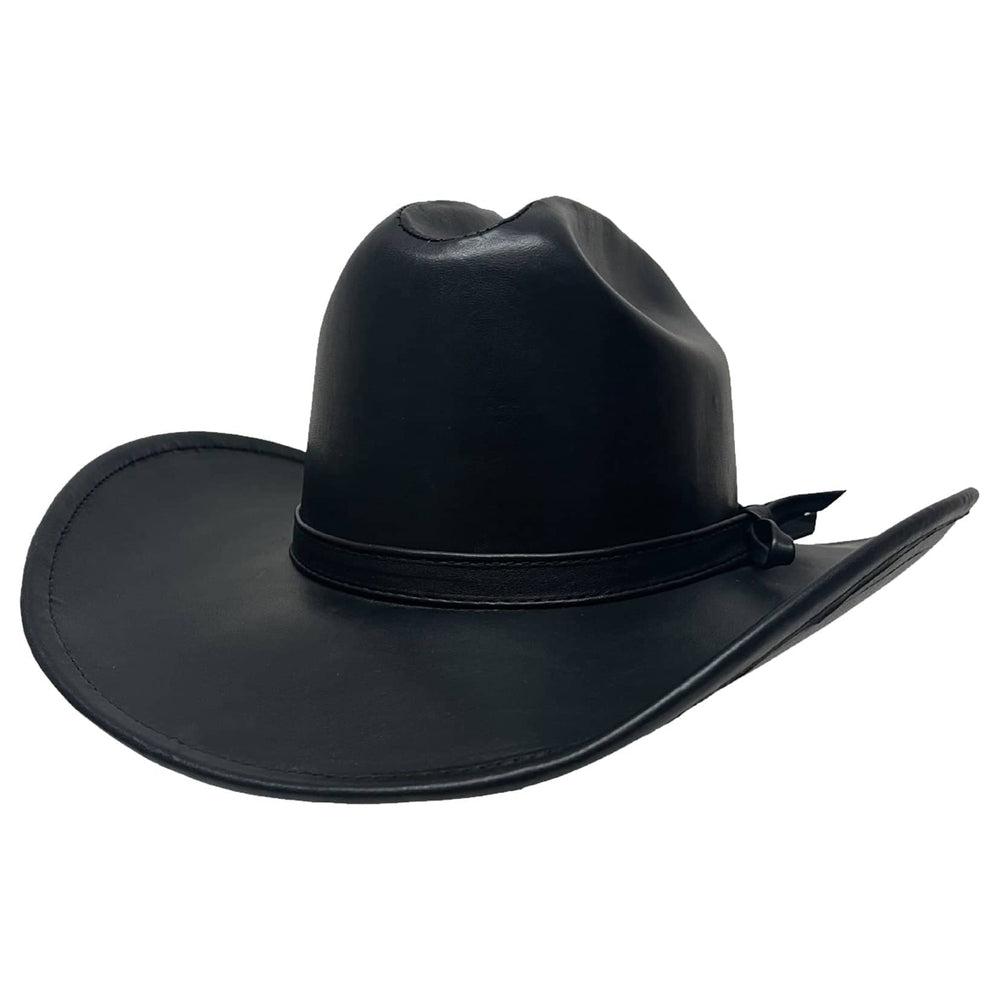 An angle view of a Black Gorge Cattleman Leather Cowboy Hat 