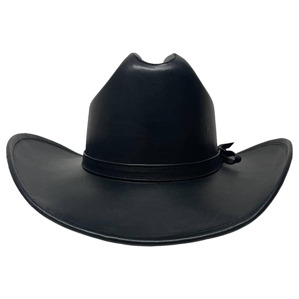 A front view of a Black Gorge Cattleman Leather Cowboy Hat 