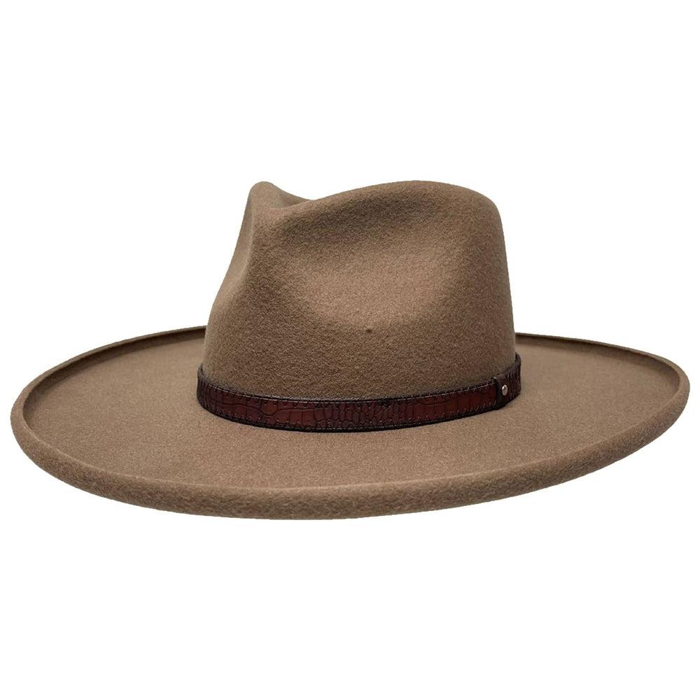 An angle view of a Hudson Bark Felt Fedora Hat 