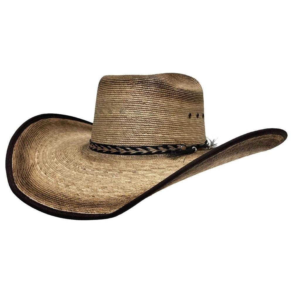 An angle view of a Straw Palm Cowboy Hat 
