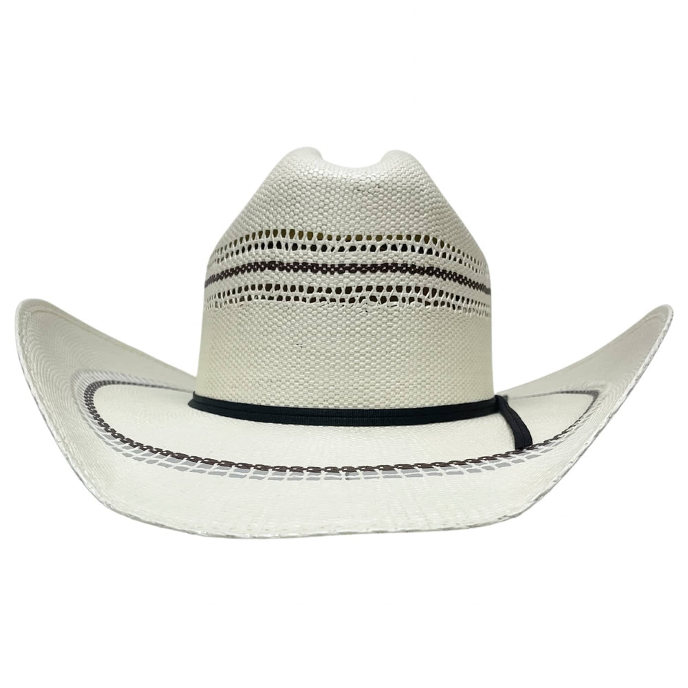 A front view of a Ponderosa Cream Wide Brim Straw Hat