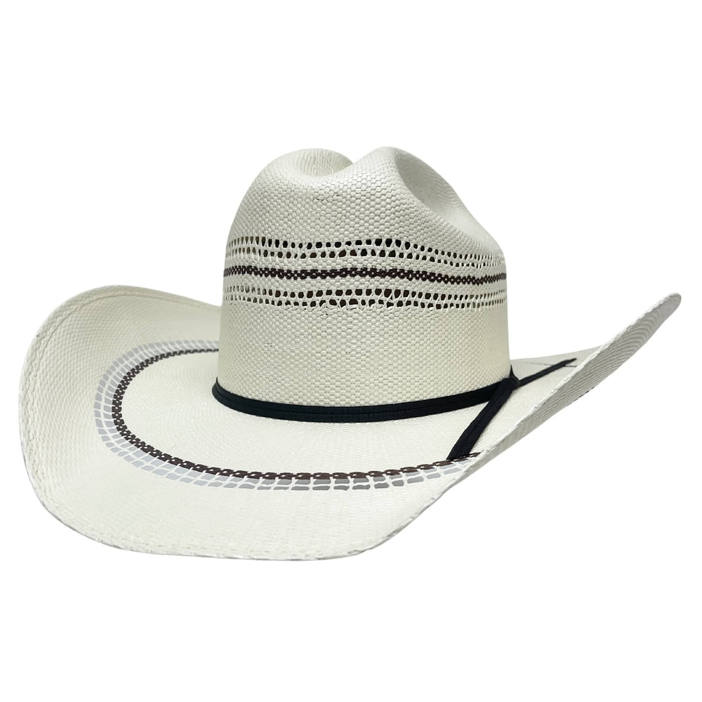 An angle view of a Ponderosa Cream Wide Brim Straw Hat 