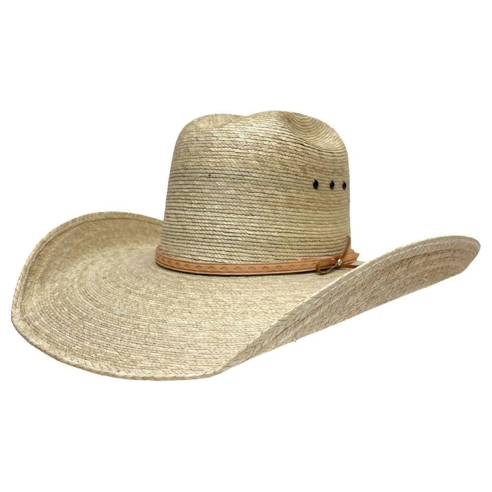 An angle view of a Natural Vaquero Tejano Palm Cowboy Hat