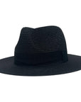 An angle view of a Sunday Black Straw Sun Hat