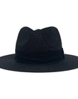 A front view of a Sunday Black Straw Sun Hat
