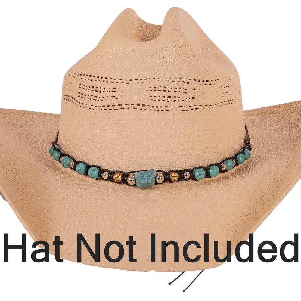 Brandy Turquoise Beaded Hat Band on a cream hat